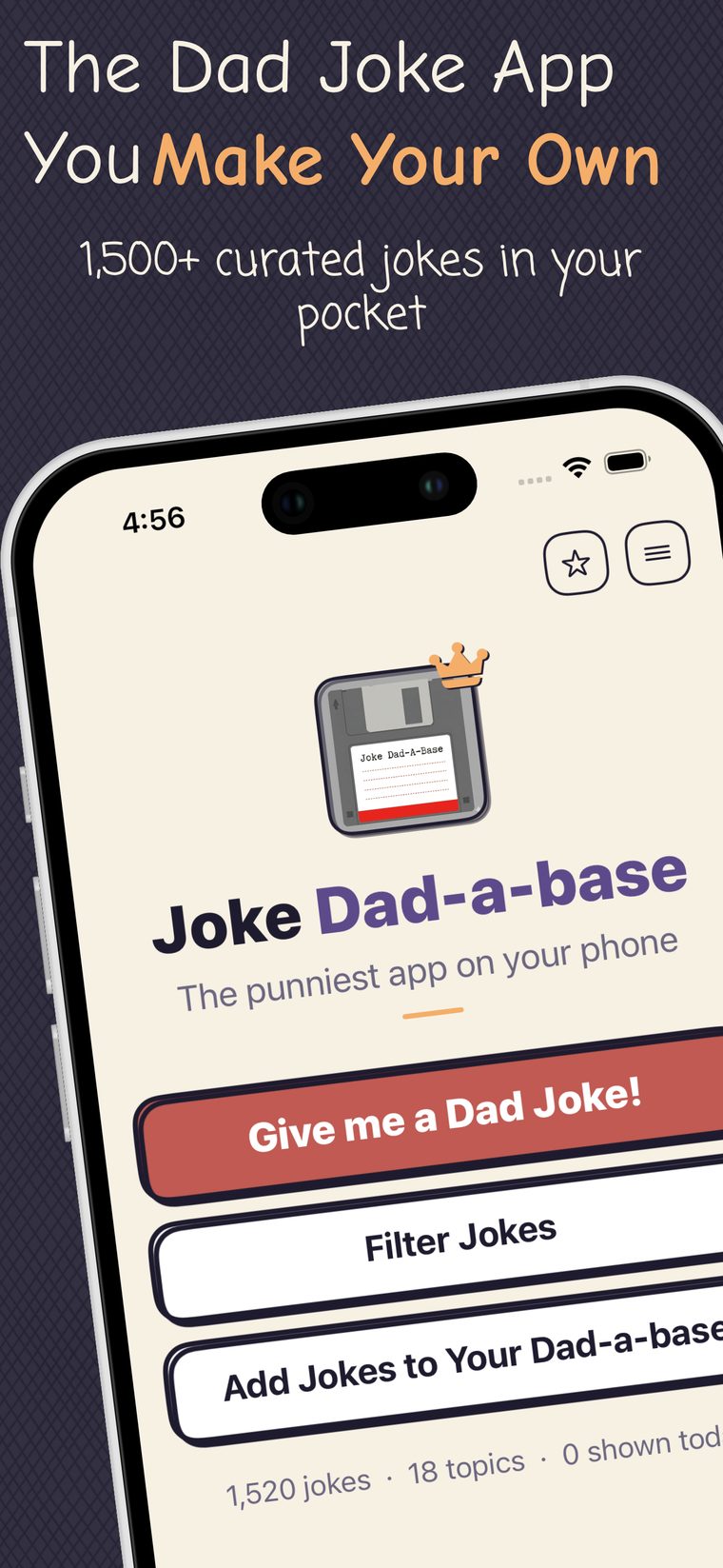 Joke Dad-a-base home screen with the day's dad joke and quick actions