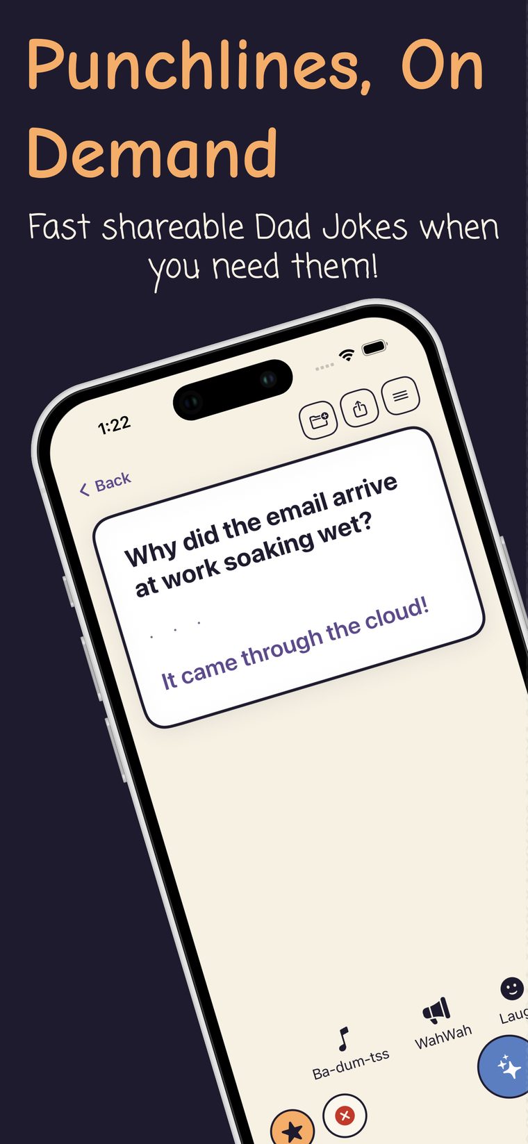 A joke on demand with share and sound-effect reactions